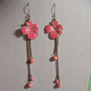 PINK ENAMEL FLOWER DANGLER EARRINGS